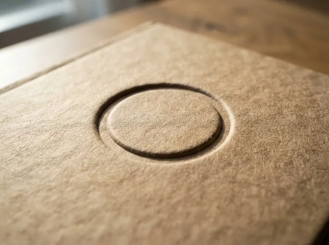 A circular emblem debossed into tan kraft book board