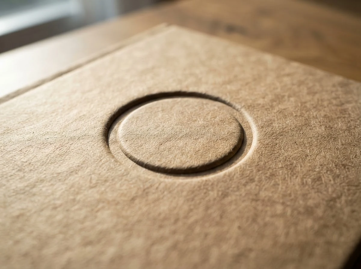 A circular emblem debossed into tan kraft book board