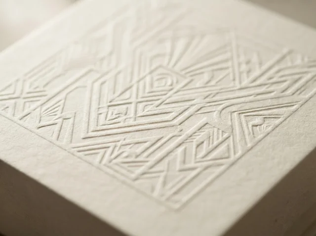 Blind-embossed art-deco pattern raised on cream board, catching raking light