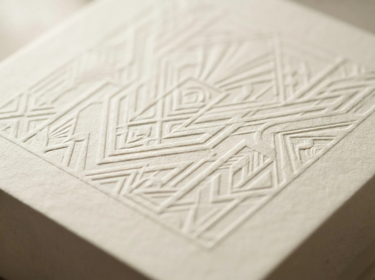Blind-embossed art-deco pattern raised on cream board, catching raking light