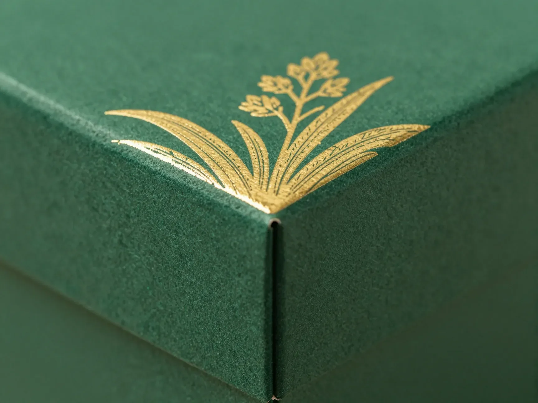 Gold hot-foil botanical line art on a green textured rigid box