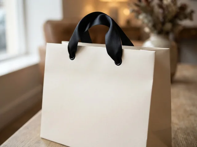 Ivory soft-touch laminated paper bag with a black satin ribbon handle