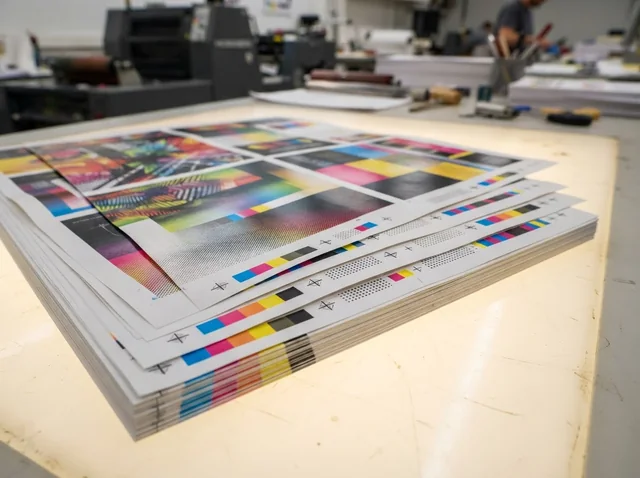 Freshly offset-printed sheets with CMYK colour bars and registration marks