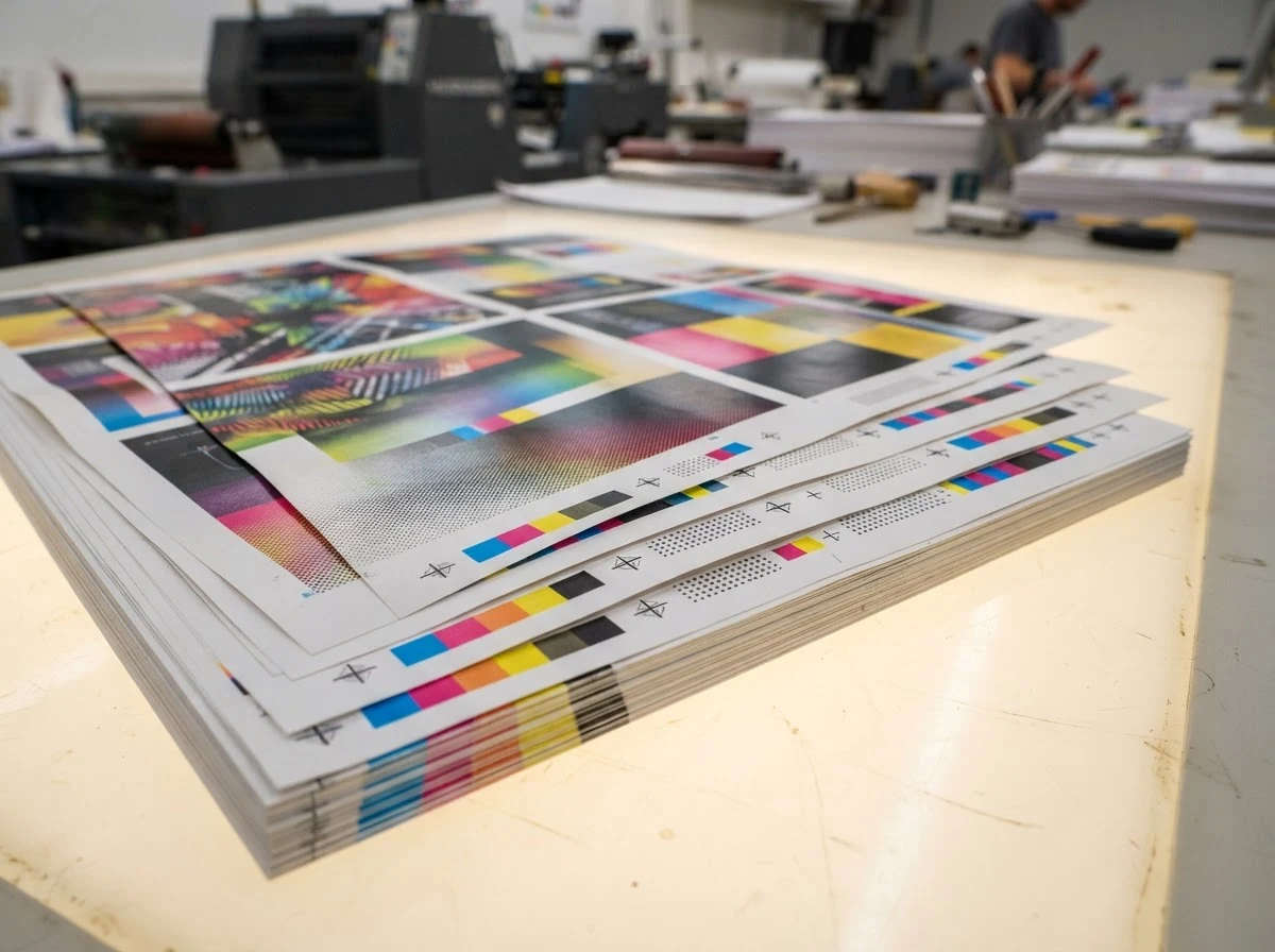 Freshly offset-printed sheets with CMYK colour bars and registration marks