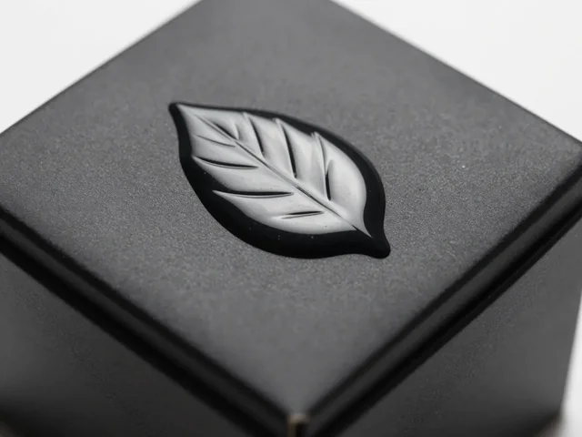 Glossy spot UV leaf on a matte black soft-touch box