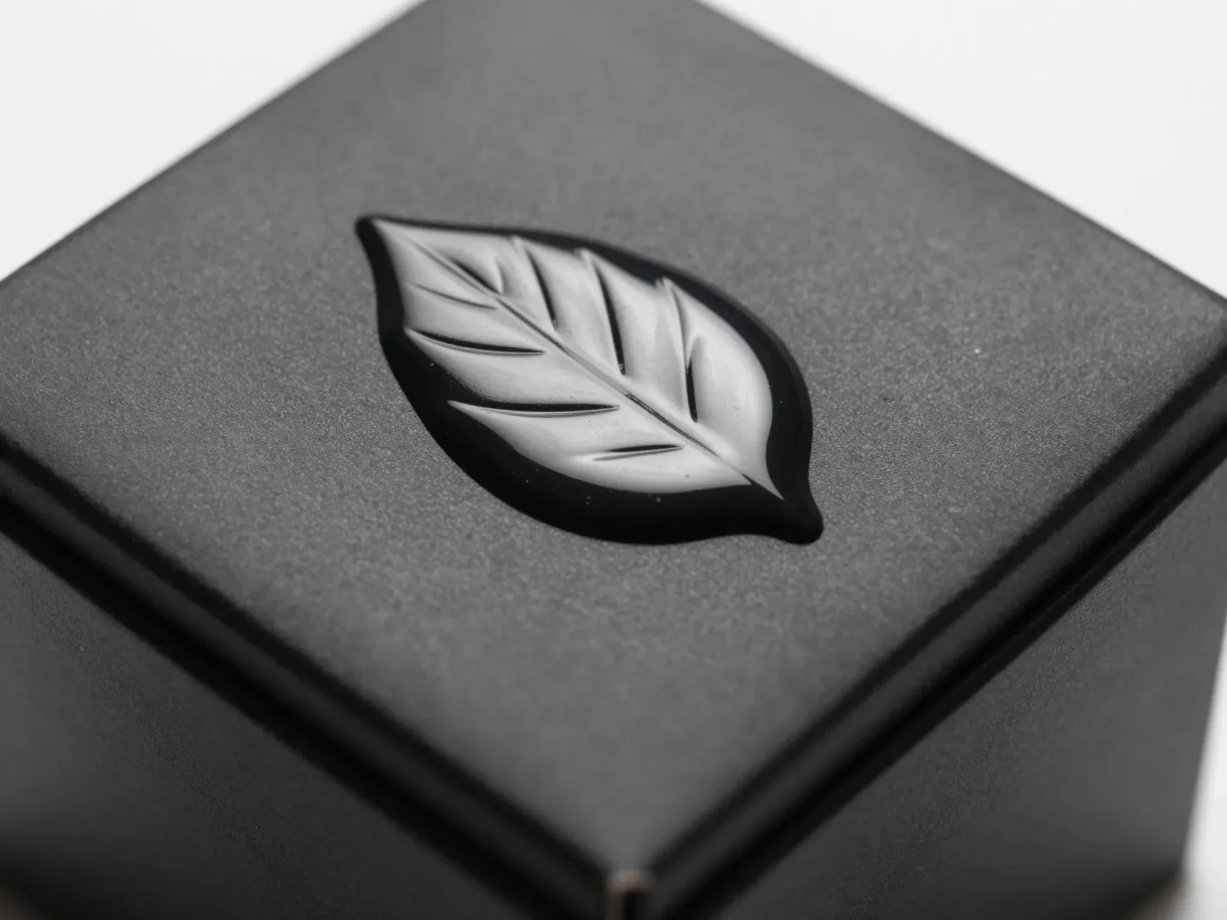 Glossy spot UV leaf on a matte black soft-touch box
