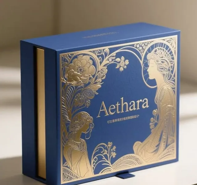 Navy rigid box with an art-nouveau gold foil illustration