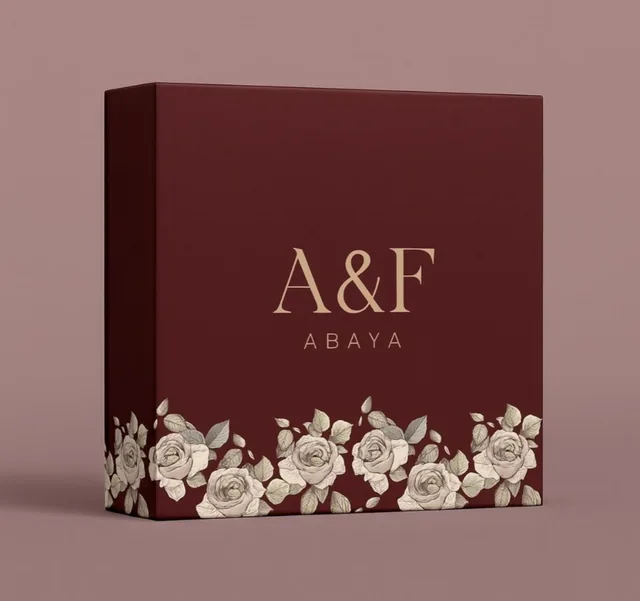 Burgundy A&F Abaya rigid box with a printed rose border