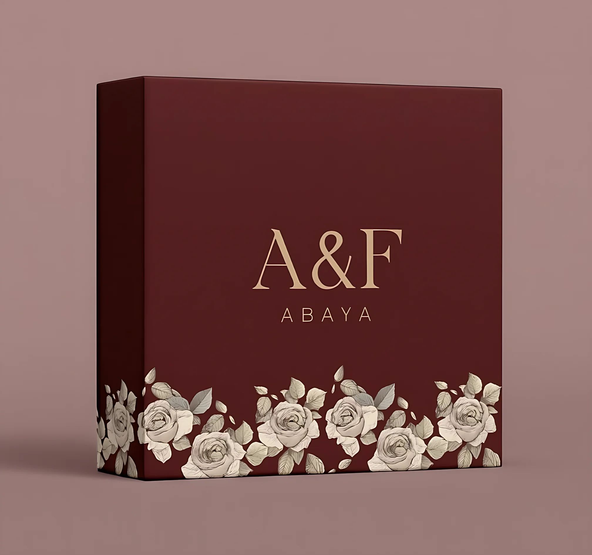 Burgundy A&F Abaya rigid box with a printed rose border