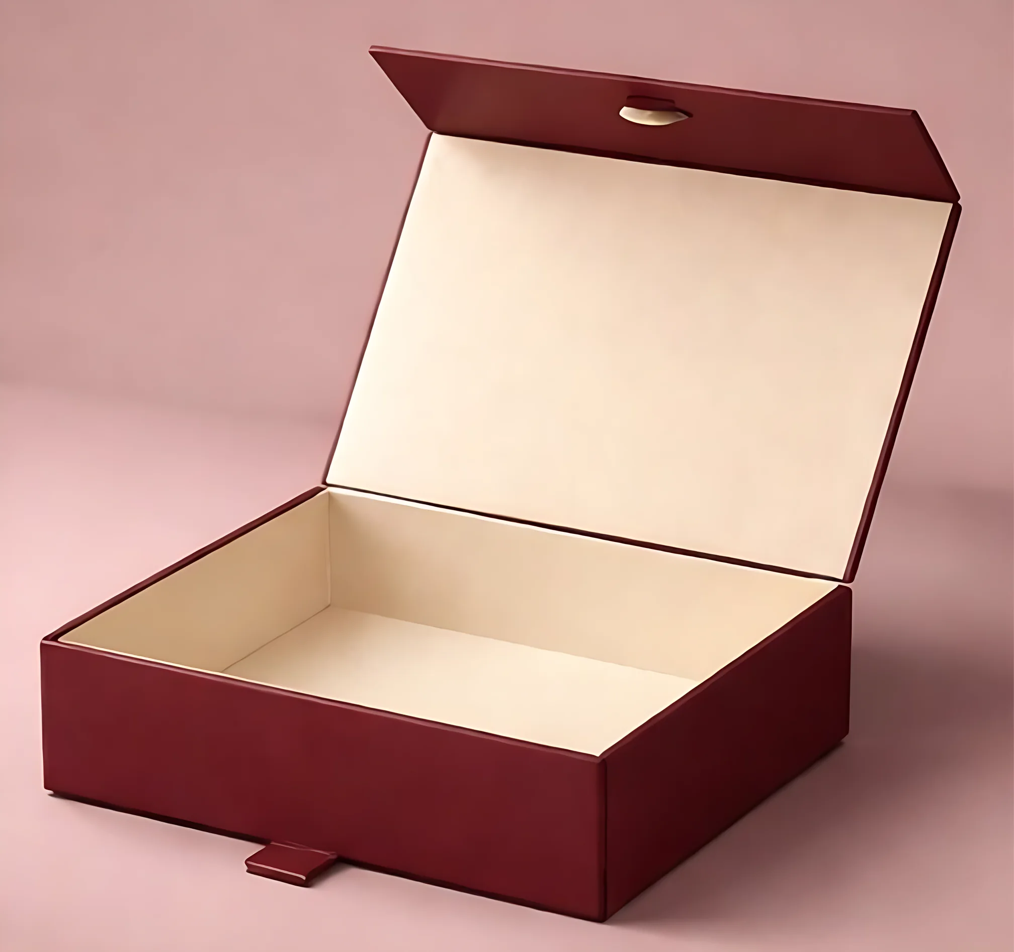 Burgundy A&F Abaya rigid box, lid open to show a cream interior