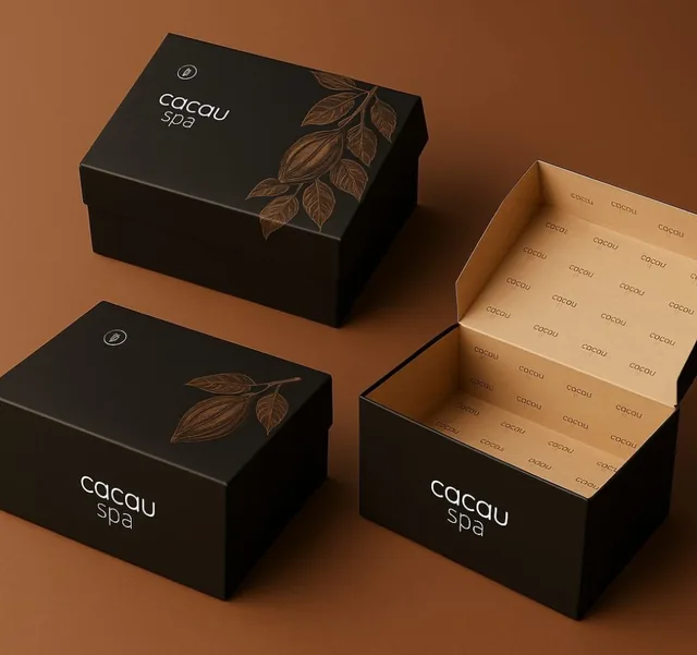 Black lid-and-base boxes printed with copper cocoa leaves
