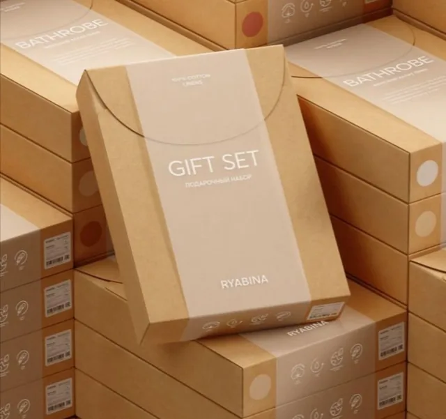 Kraft corrugated gift set boxes stacked in rows