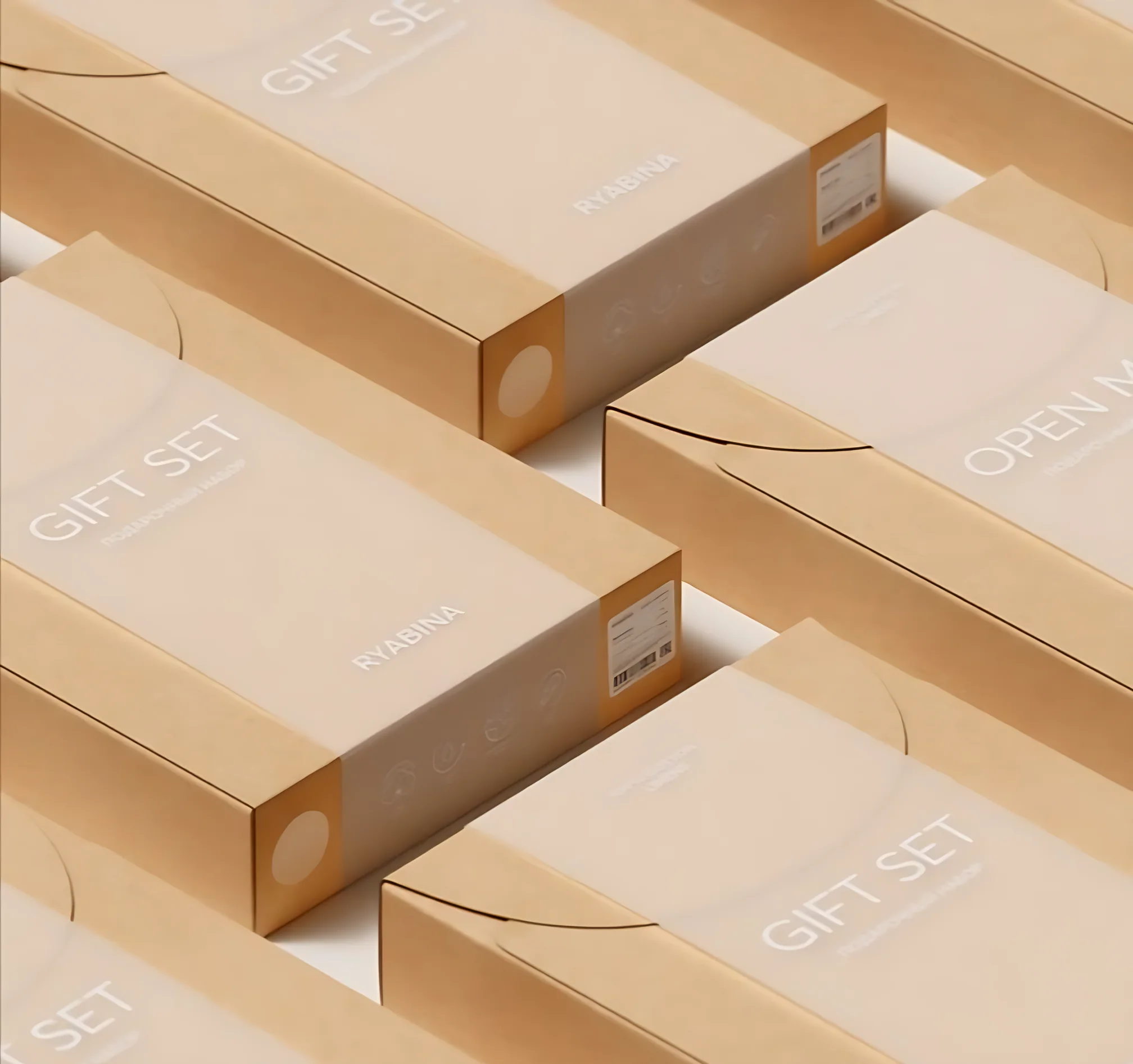 Rows of finished kraft gift-set boxes packed and ready to ship