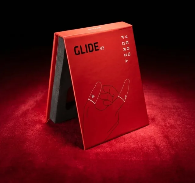 Red rigid box for Glide V2 finger sleeves on red satin