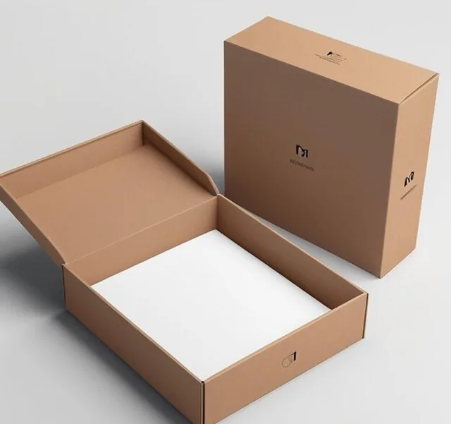 Plain kraft two-piece box, lid lifted, a structure before its finish