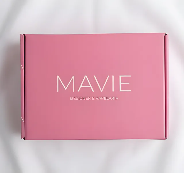 Pink corrugated mailer box with Mavie wordmark
