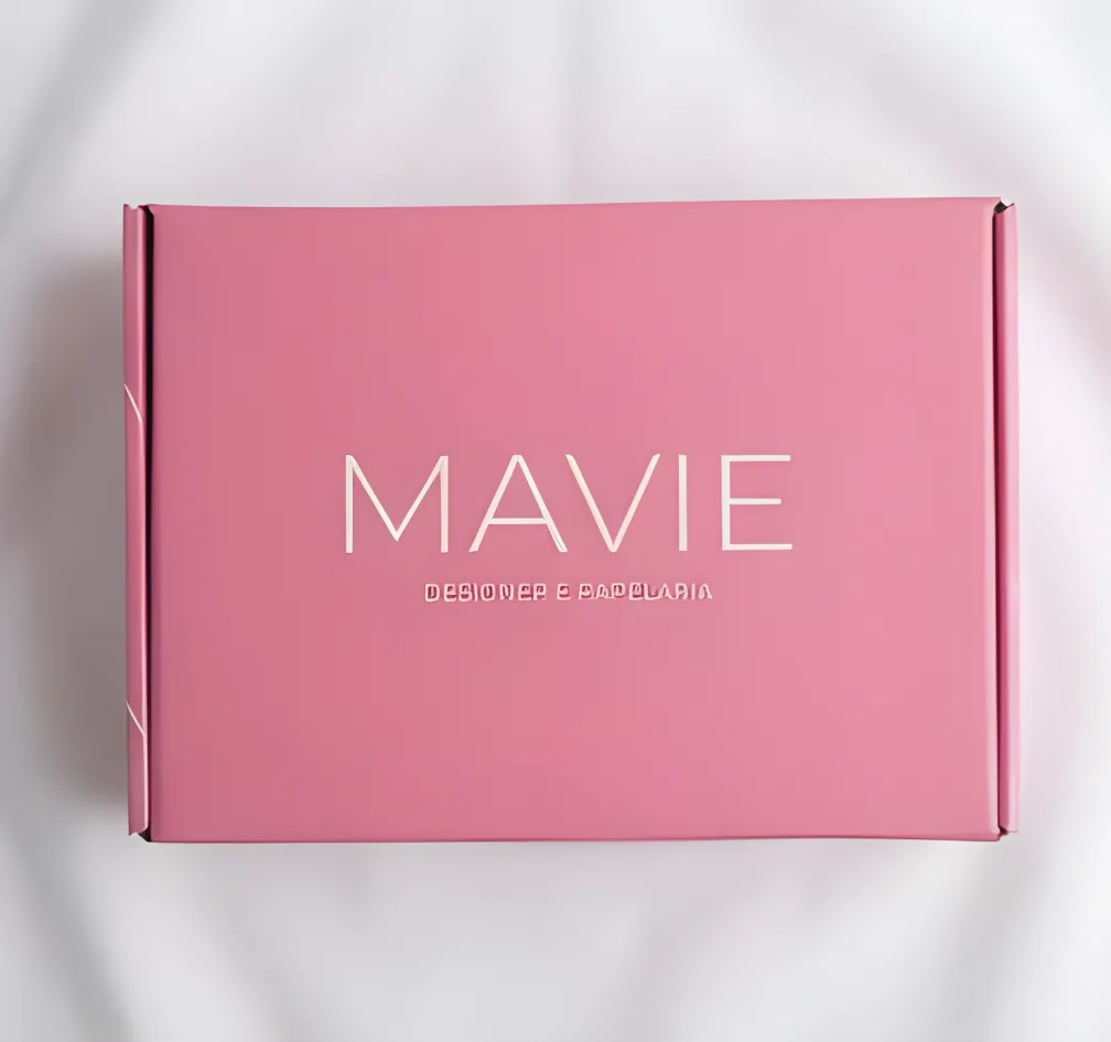 Pink corrugated mailer box with Mavie wordmark