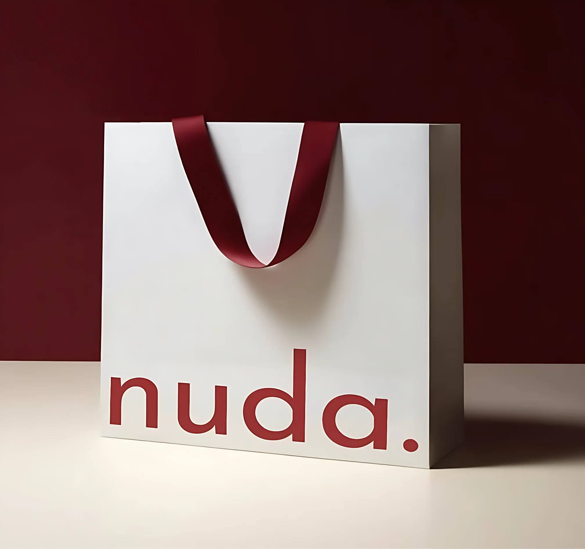 White paper bag with red satin ribbon handles