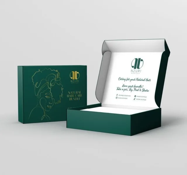 Deep green corrugated mailer box with gold line illustration, open to show a printed inner lid