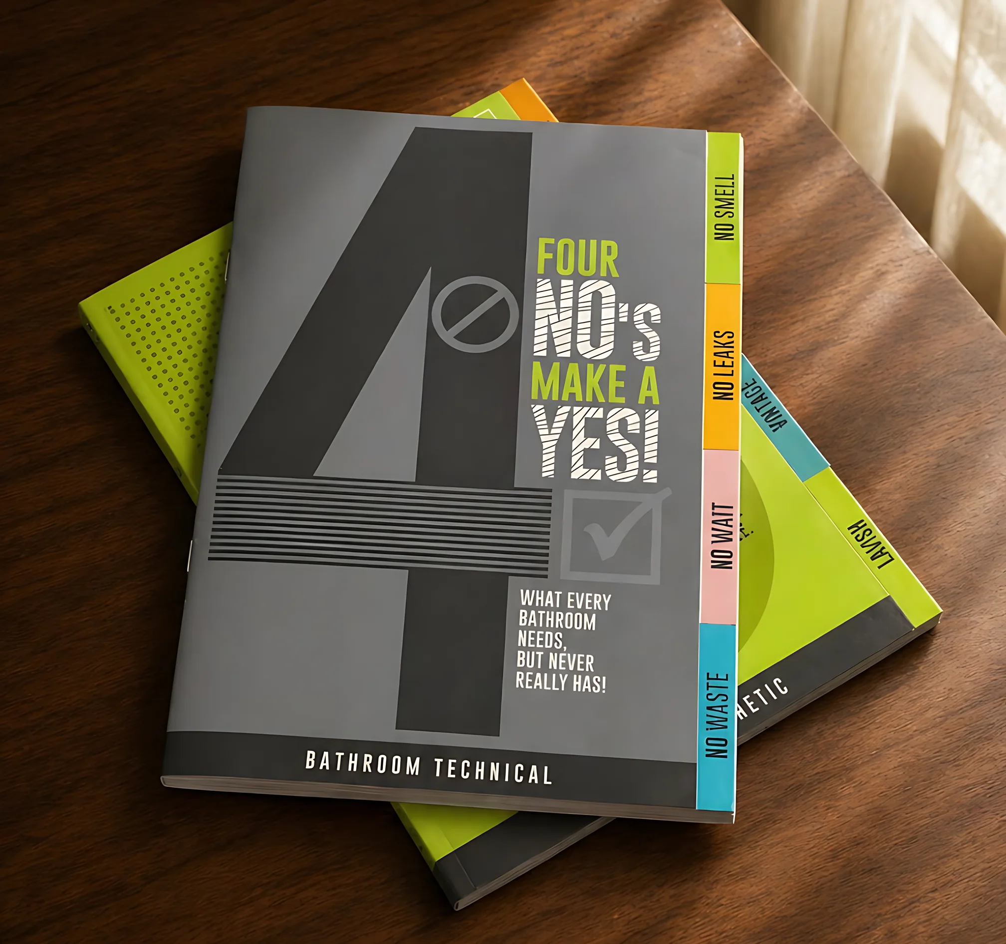 Stack of printed technical brochures with bold numeral covers