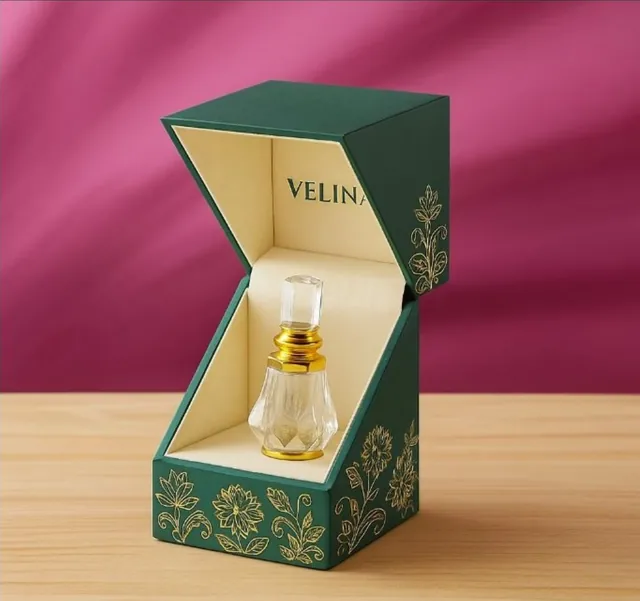 Green shoulder-neck rigid perfume box with gold foil florals