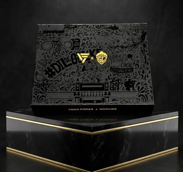 Black magnetic rigid box with tone-on-tone doodle print and gold emblems